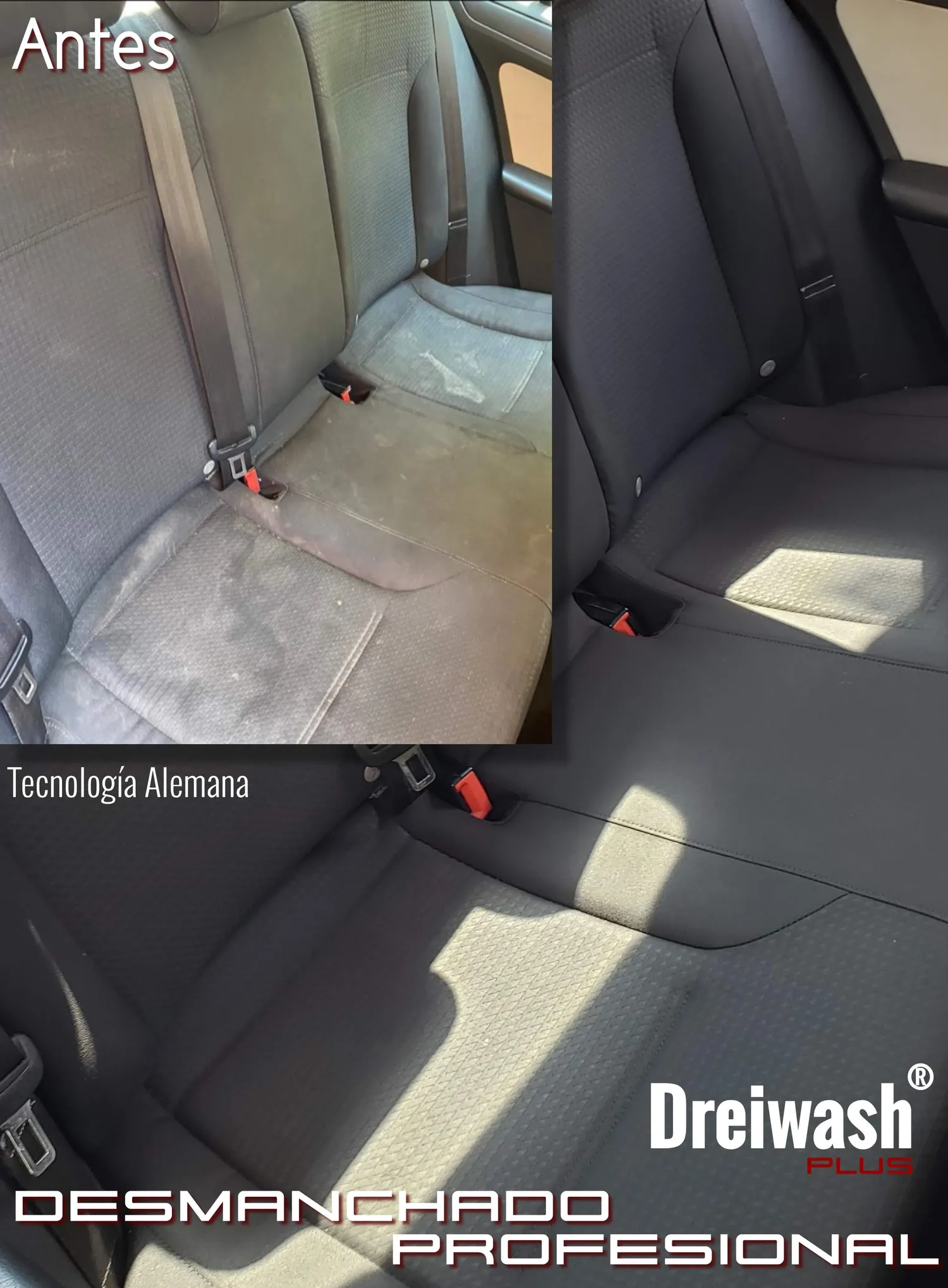 Interiores de auto — antes y después de un trabajo real de Dreiwash Plus en Villahermosa